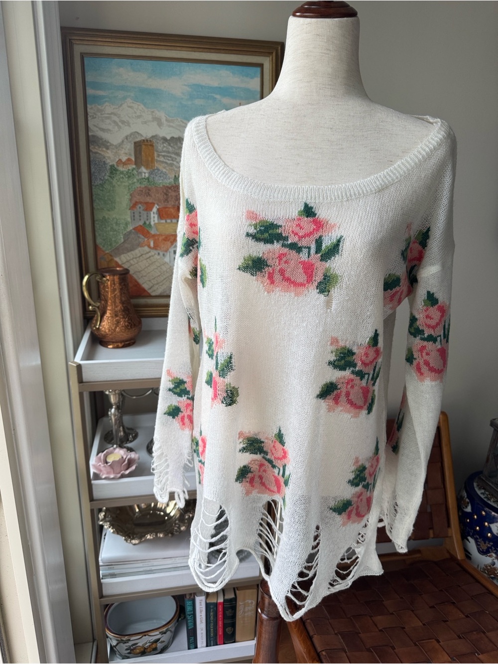 Wildfox White Open-Weave Off-Shoulder Sweater with Pink Rose Pattern